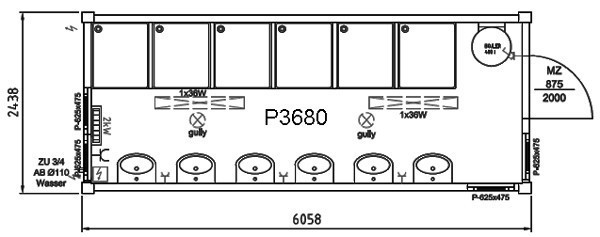 Conteneur sanitaire 20' + 6 cabines douche + 6 lavabos + chaudière de 400L