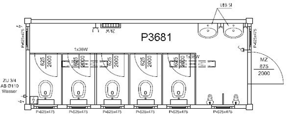 Sanitaire 20' + 5 cabines de toilettes + 2 lave-mains + 2 urinoirs - Neuf